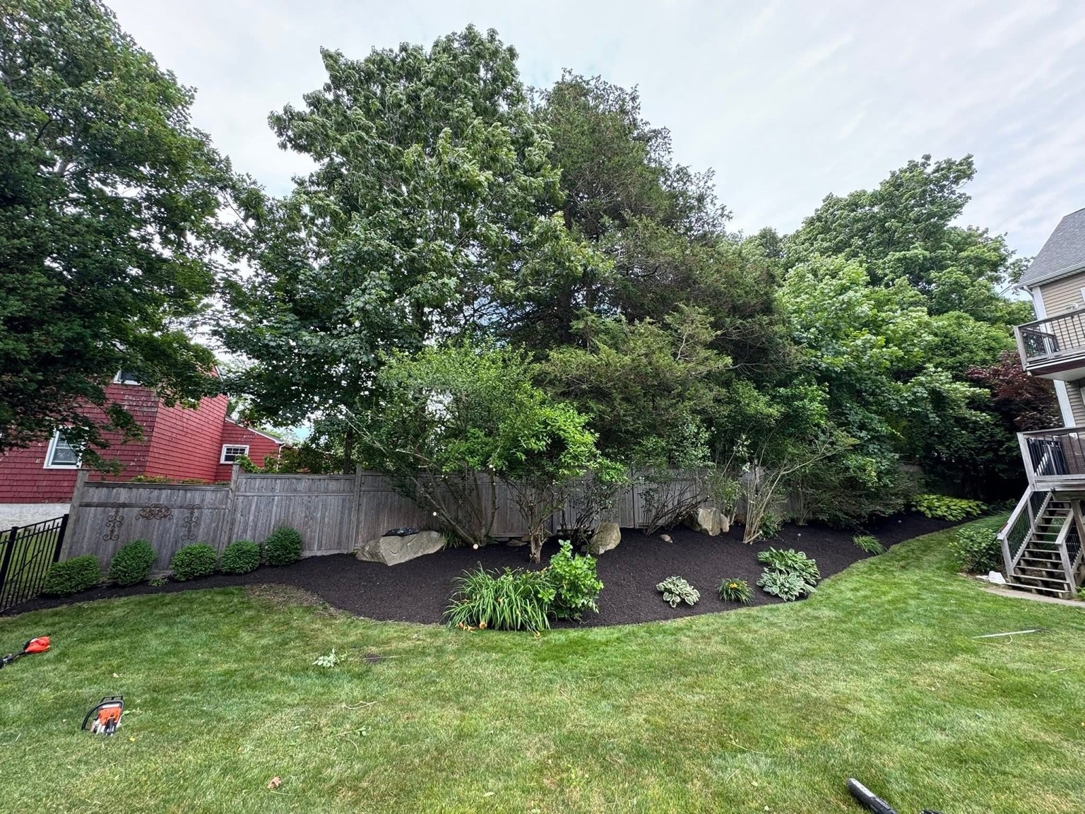 Backyard garden after clearing and fresh mulch